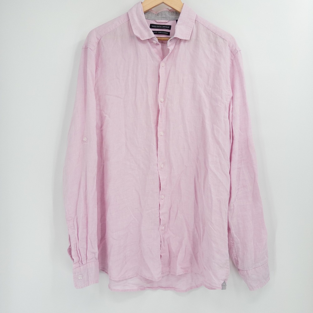 Saks Fifth Avenue Linen Shirt Mens Large Pink Classic Fit Long Sleeve Coastal